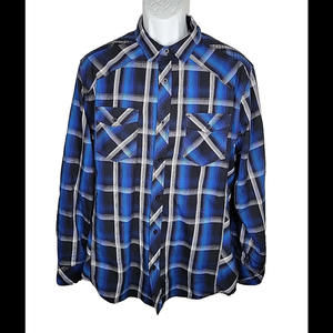 Helix Mens Blue Plaid Athletic Fit Button Up Roll Tab Long Sleeve Shirt Large